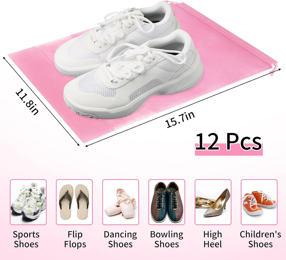12 Pack Large Shoe Bags for Packing with Clear Window, Dustproof Drawstring Travel Shoe Storage Bags for Men & Women, Black