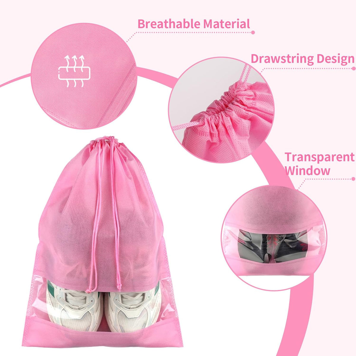 12 Pack Large Shoe Bags for Packing with Clear Window, Dustproof Drawstring Travel Shoe Storage Bags for Men & Women, Black