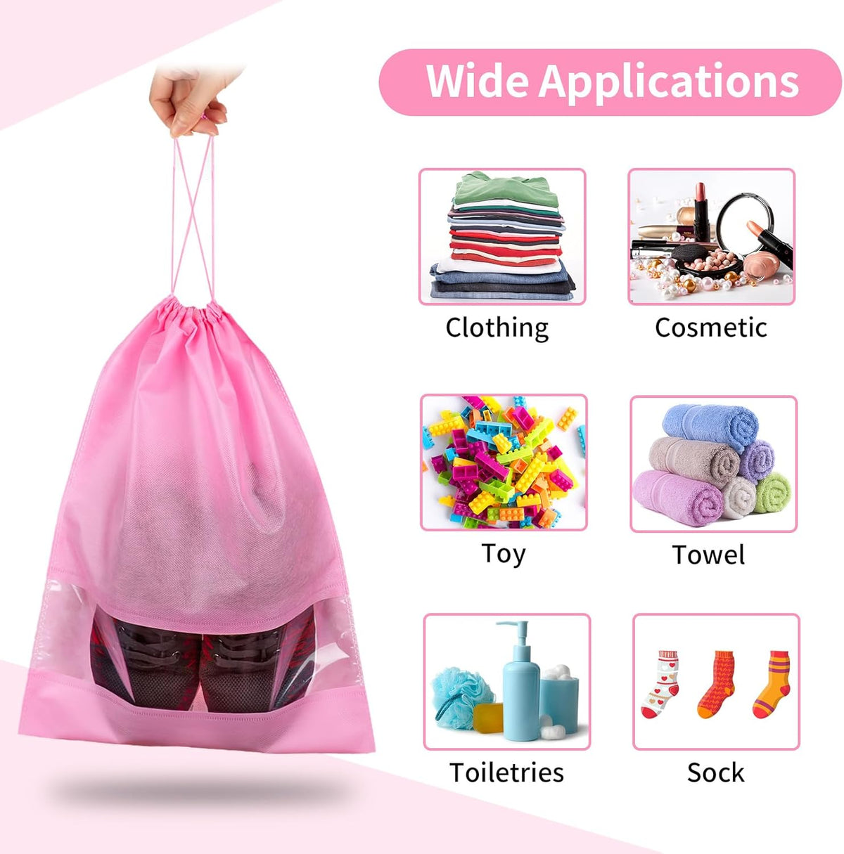 12 Pack Large Shoe Bags for Packing with Clear Window, Dustproof Drawstring Travel Shoe Storage Bags for Men & Women, Black