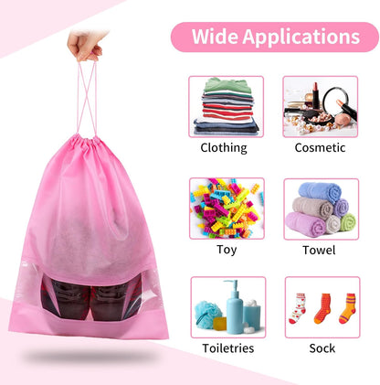 12 Pack Large Shoe Bags for Packing with Clear Window, Dustproof Drawstring Travel Shoe Storage Bags for Men & Women, Black