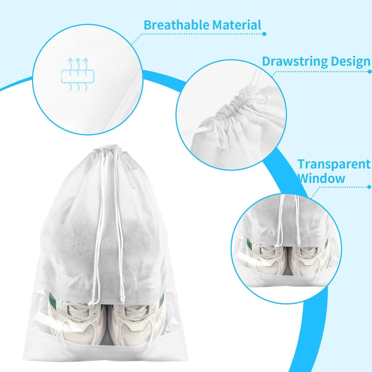 12 Pack Large Shoe Bags for Packing with Clear Window, Dustproof Drawstring Travel Shoe Storage Bags for Men & Women, Black