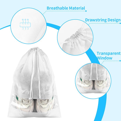 12 Pack Large Shoe Bags for Packing with Clear Window, Dustproof Drawstring Travel Shoe Storage Bags for Men & Women, Black