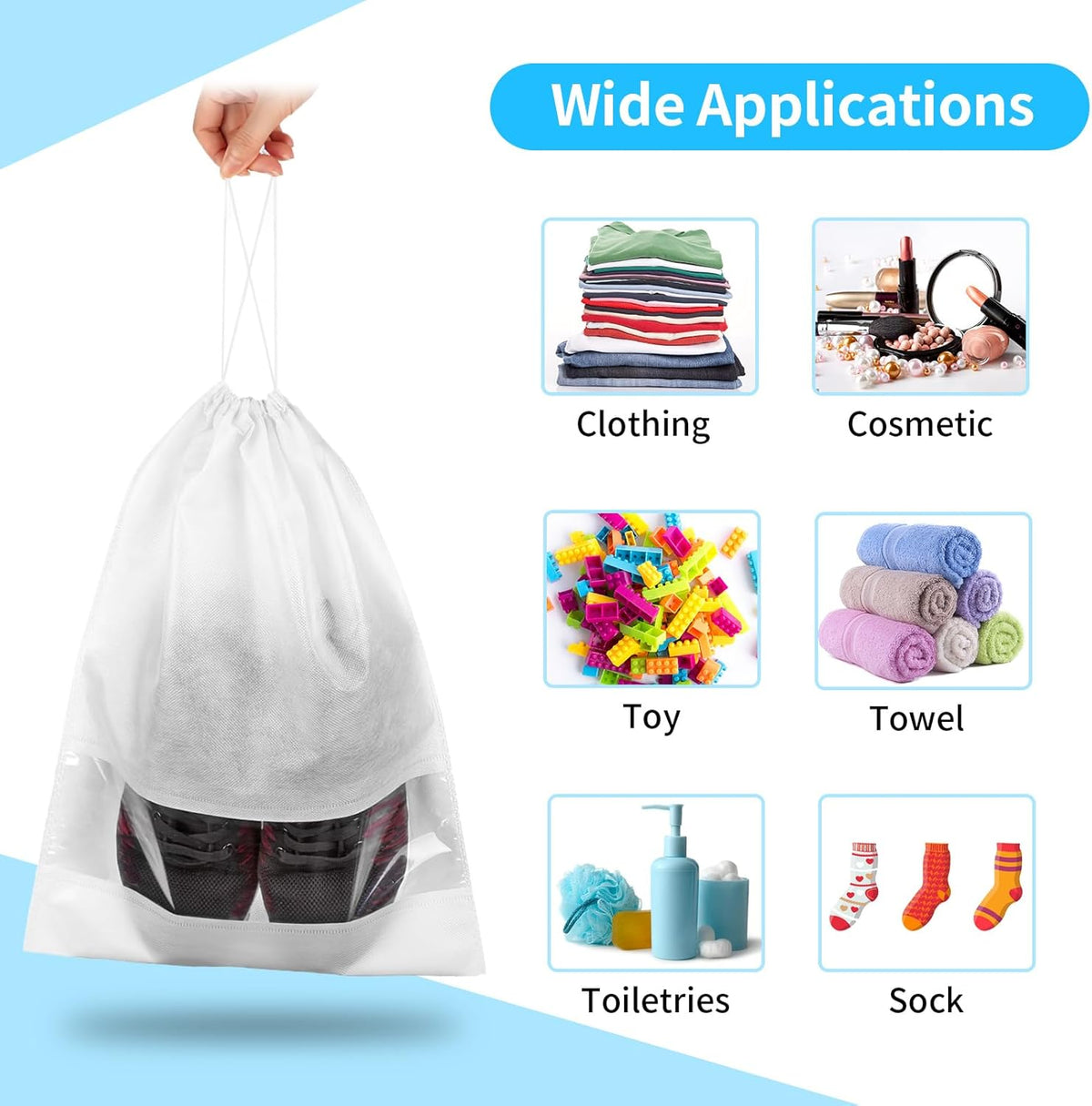 12 Pack Large Shoe Bags for Packing with Clear Window, Dustproof Drawstring Travel Shoe Storage Bags for Men & Women, Black