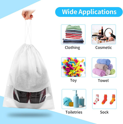 12 Pack Large Shoe Bags for Packing with Clear Window, Dustproof Drawstring Travel Shoe Storage Bags for Men & Women, Black