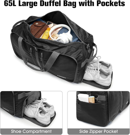 40L/65L Foldable Travel Duffle Bag Packable Weekender Bag | Water Resistant Nylon, Carry On Size Duffel, for Travel or Overnight Weekender Trip, for Gym or Sports, for Men Women