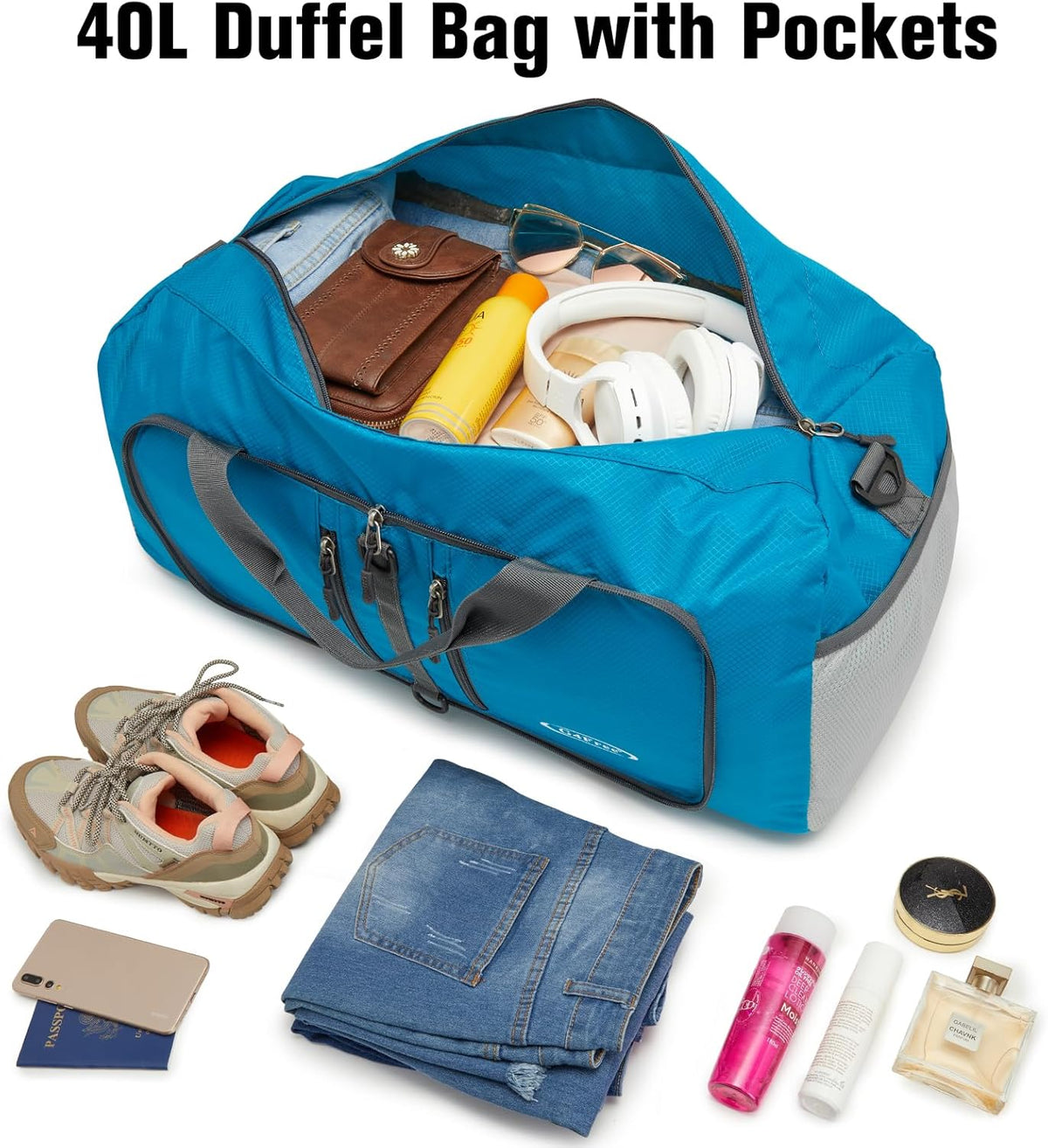40L/65L Foldable Travel Duffle Bag Packable Weekender Bag | Water Resistant Nylon, Carry On Size Duffel, for Travel or Overnight Weekender Trip, for Gym or Sports, for Men Women