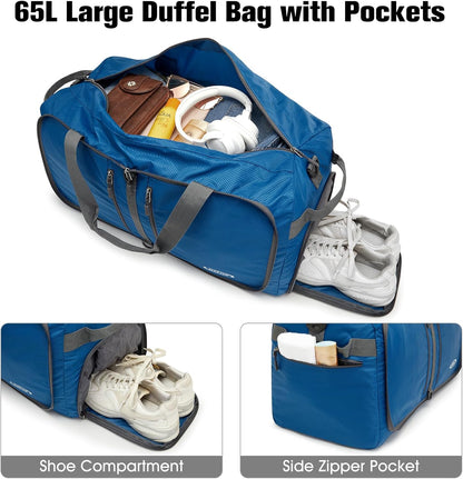40L/65L Foldable Travel Duffle Bag Packable Weekender Bag | Water Resistant Nylon, Carry On Size Duffel, for Travel or Overnight Weekender Trip, for Gym or Sports, for Men Women