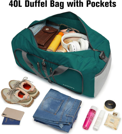40L/65L Foldable Travel Duffle Bag Packable Weekender Bag | Water Resistant Nylon, Carry On Size Duffel, for Travel or Overnight Weekender Trip, for Gym or Sports, for Men Women