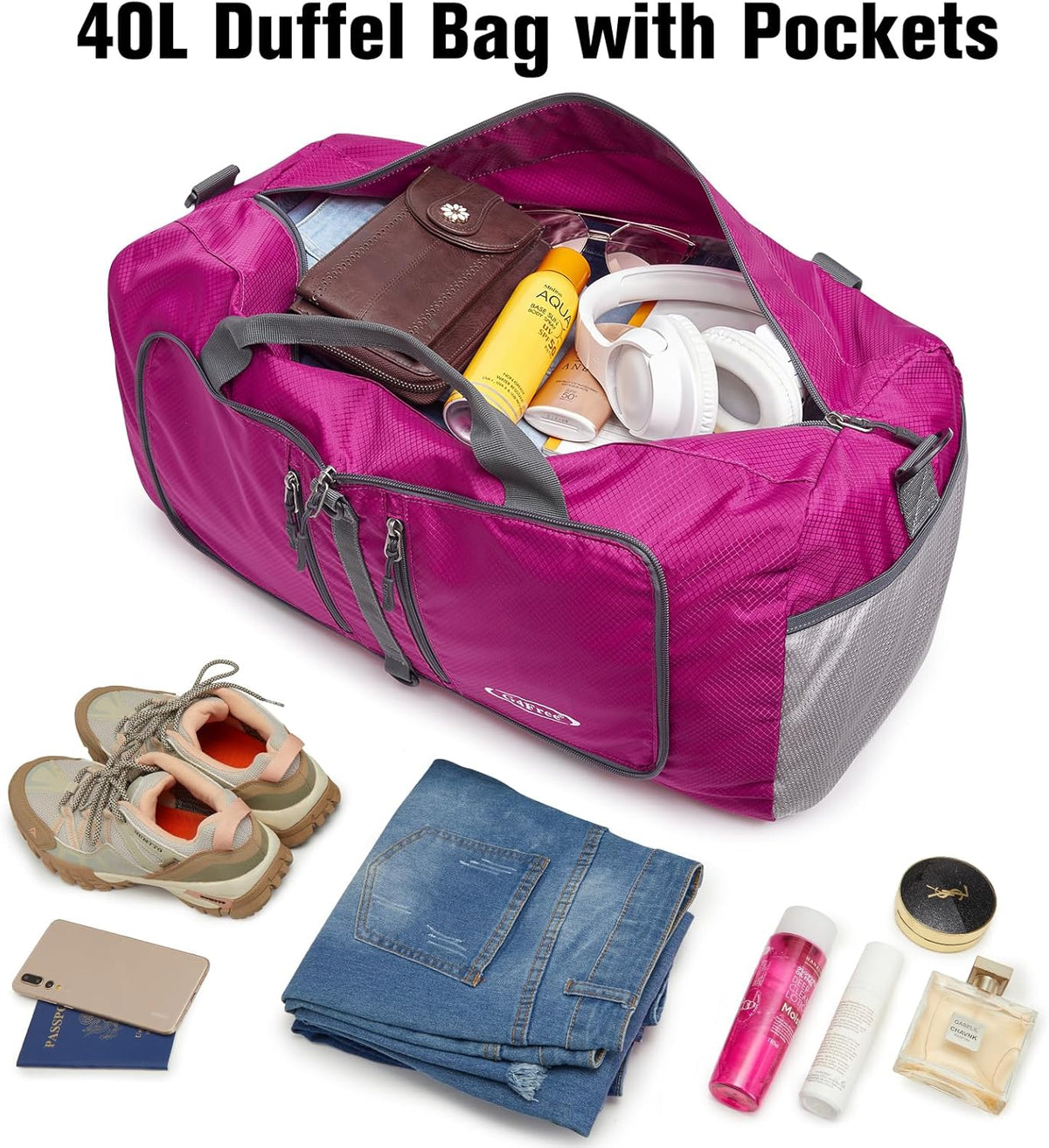 40L/65L Foldable Travel Duffle Bag Packable Weekender Bag | Water Resistant Nylon, Carry On Size Duffel, for Travel or Overnight Weekender Trip, for Gym or Sports, for Men Women