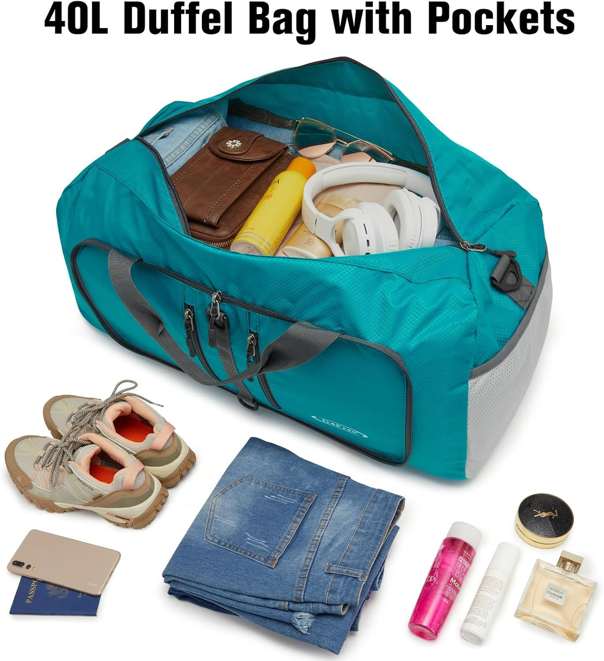 40L/65L Foldable Travel Duffle Bag Packable Weekender Bag | Water Resistant Nylon, Carry On Size Duffel, for Travel or Overnight Weekender Trip, for Gym or Sports, for Men Women