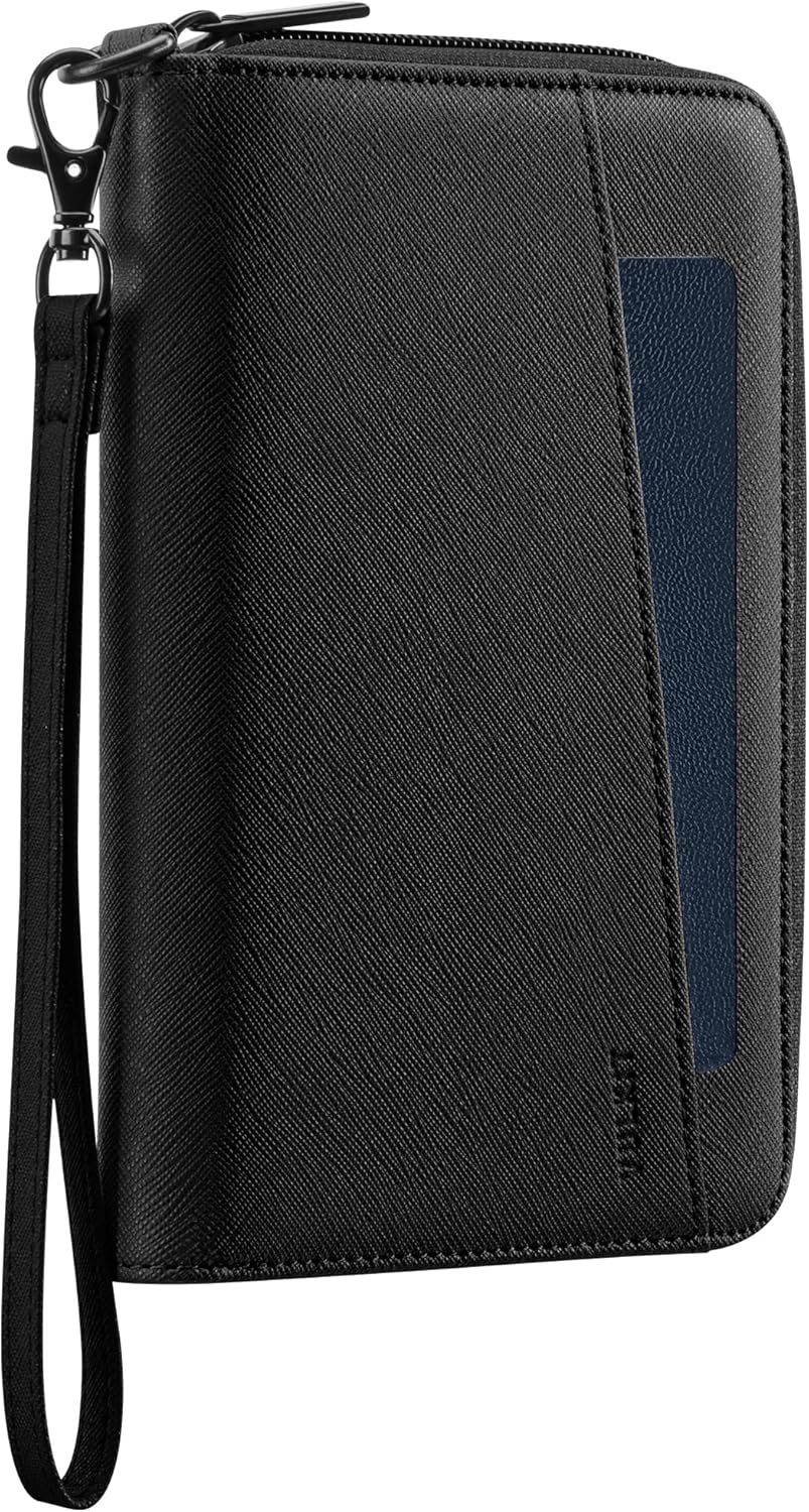 Leather Passport Wallet RFID Blocking with Wrist Strap, Travel Document Organizer - 6 Credit Card Slots, 2 Interior + 2 Exterior Passport Slots, 2 ID Windows, Zipper Closure, Dark Blue