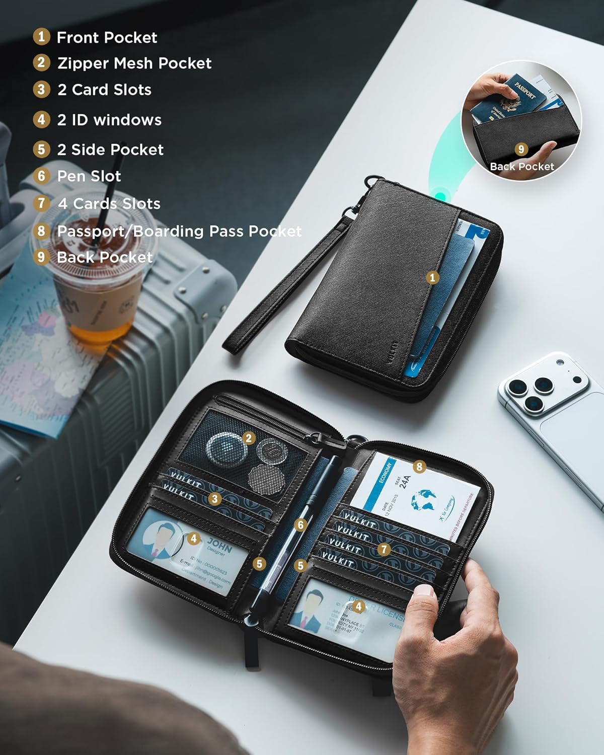 Leather Passport Wallet RFID Blocking with Wrist Strap, Travel Document Organizer - 6 Credit Card Slots, 2 Interior + 2 Exterior Passport Slots, 2 ID Windows, Zipper Closure, Dark Blue