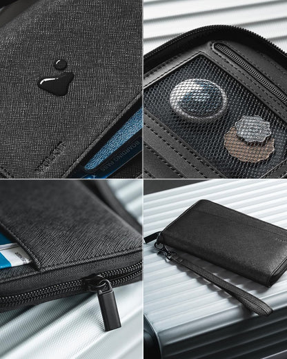 Leather Passport Wallet RFID Blocking with Wrist Strap, Travel Document Organizer - 6 Credit Card Slots, 2 Interior + 2 Exterior Passport Slots, 2 ID Windows, Zipper Closure, Dark Blue