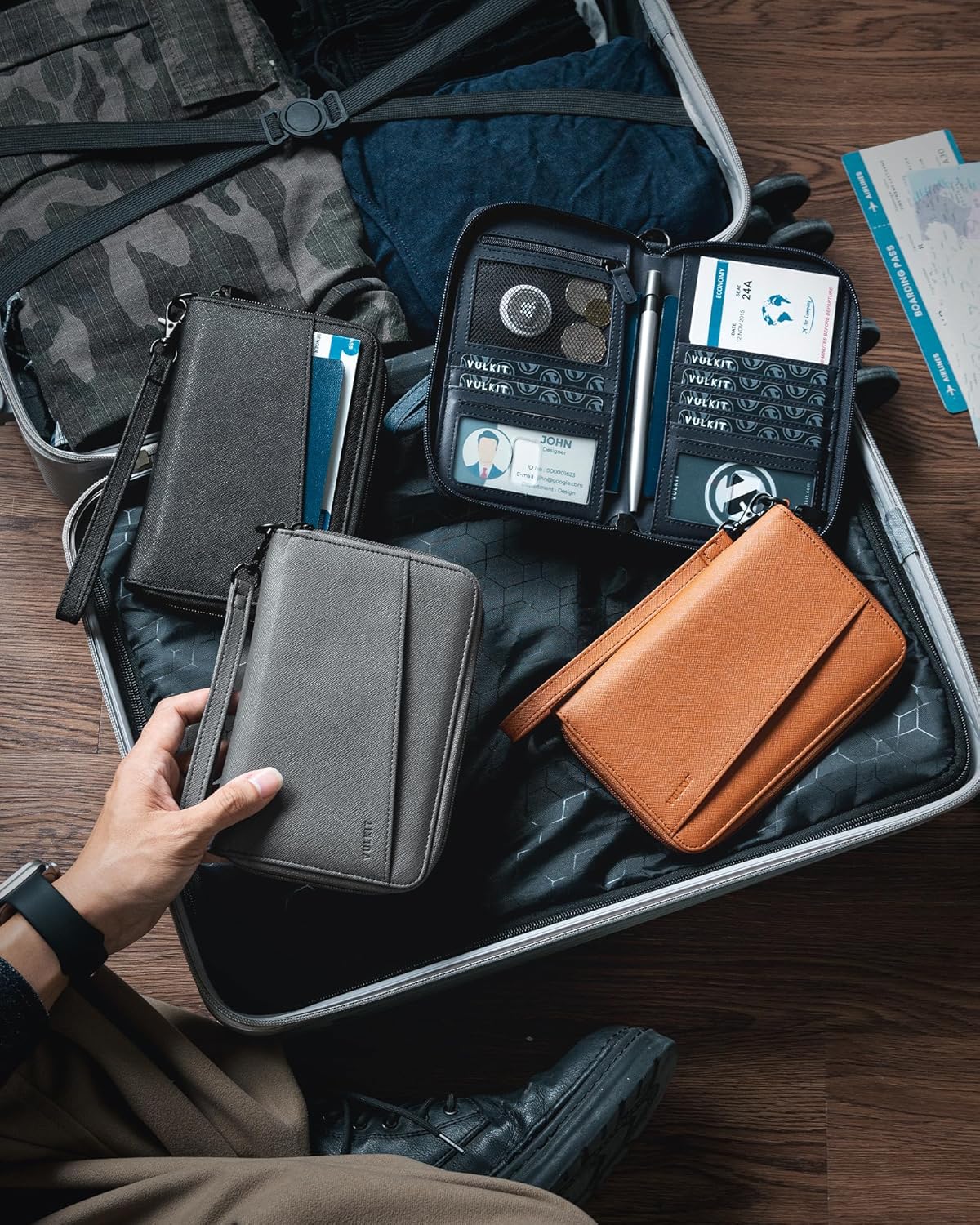 Leather Passport Wallet RFID Blocking with Wrist Strap, Travel Document Organizer - 6 Credit Card Slots, 2 Interior + 2 Exterior Passport Slots, 2 ID Windows, Zipper Closure, Dark Blue