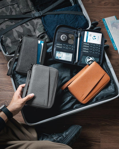 Leather Passport Wallet RFID Blocking with Wrist Strap, Travel Document Organizer - 6 Credit Card Slots, 2 Interior + 2 Exterior Passport Slots, 2 ID Windows, Zipper Closure, Dark Blue