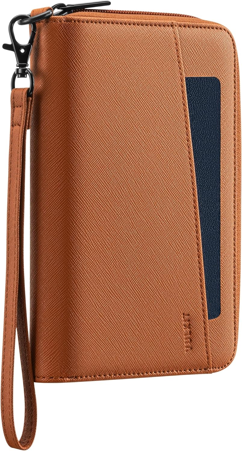 Leather Passport Wallet RFID Blocking with Wrist Strap, Travel Document Organizer - 6 Credit Card Slots, 2 Interior + 2 Exterior Passport Slots, 2 ID Windows, Zipper Closure, Dark Blue