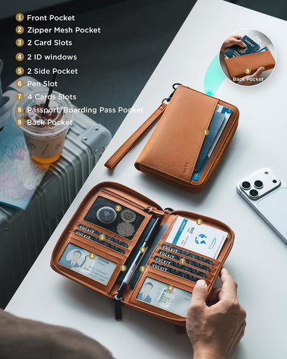 Leather Passport Wallet RFID Blocking with Wrist Strap, Travel Document Organizer - 6 Credit Card Slots, 2 Interior + 2 Exterior Passport Slots, 2 ID Windows, Zipper Closure, Dark Blue