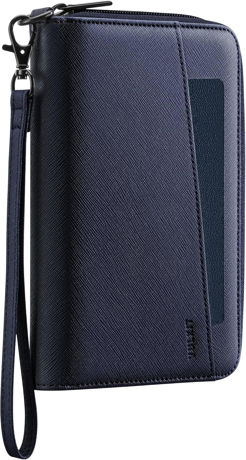 Leather Passport Wallet RFID Blocking with Wrist Strap, Travel Document Organizer - 6 Credit Card Slots, 2 Interior + 2 Exterior Passport Slots, 2 ID Windows, Zipper Closure, Dark Blue