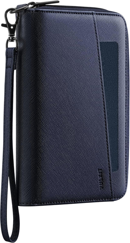 Leather Passport Wallet RFID Blocking with Wrist Strap, Travel Document Organizer - 6 Credit Card Slots, 2 Interior + 2 Exterior Passport Slots, 2 ID Windows, Zipper Closure, Dark Blue