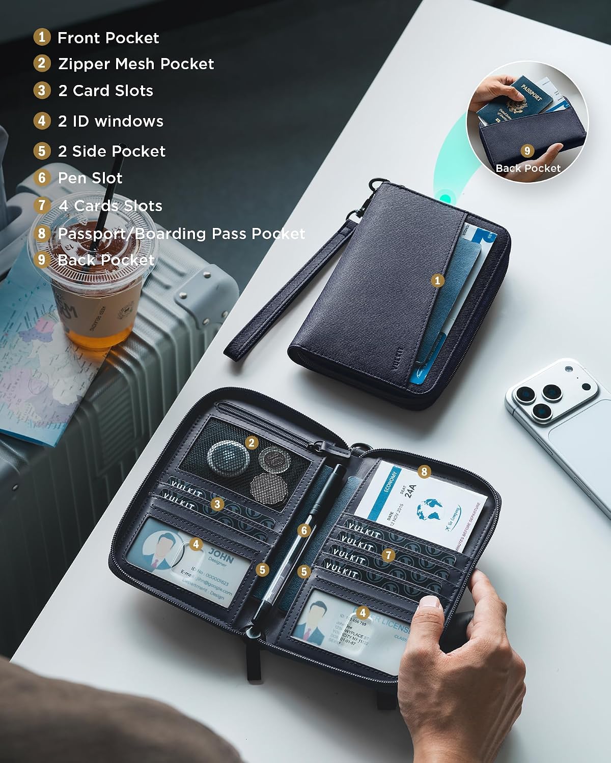Leather Passport Wallet RFID Blocking with Wrist Strap, Travel Document Organizer - 6 Credit Card Slots, 2 Interior + 2 Exterior Passport Slots, 2 ID Windows, Zipper Closure, Dark Blue