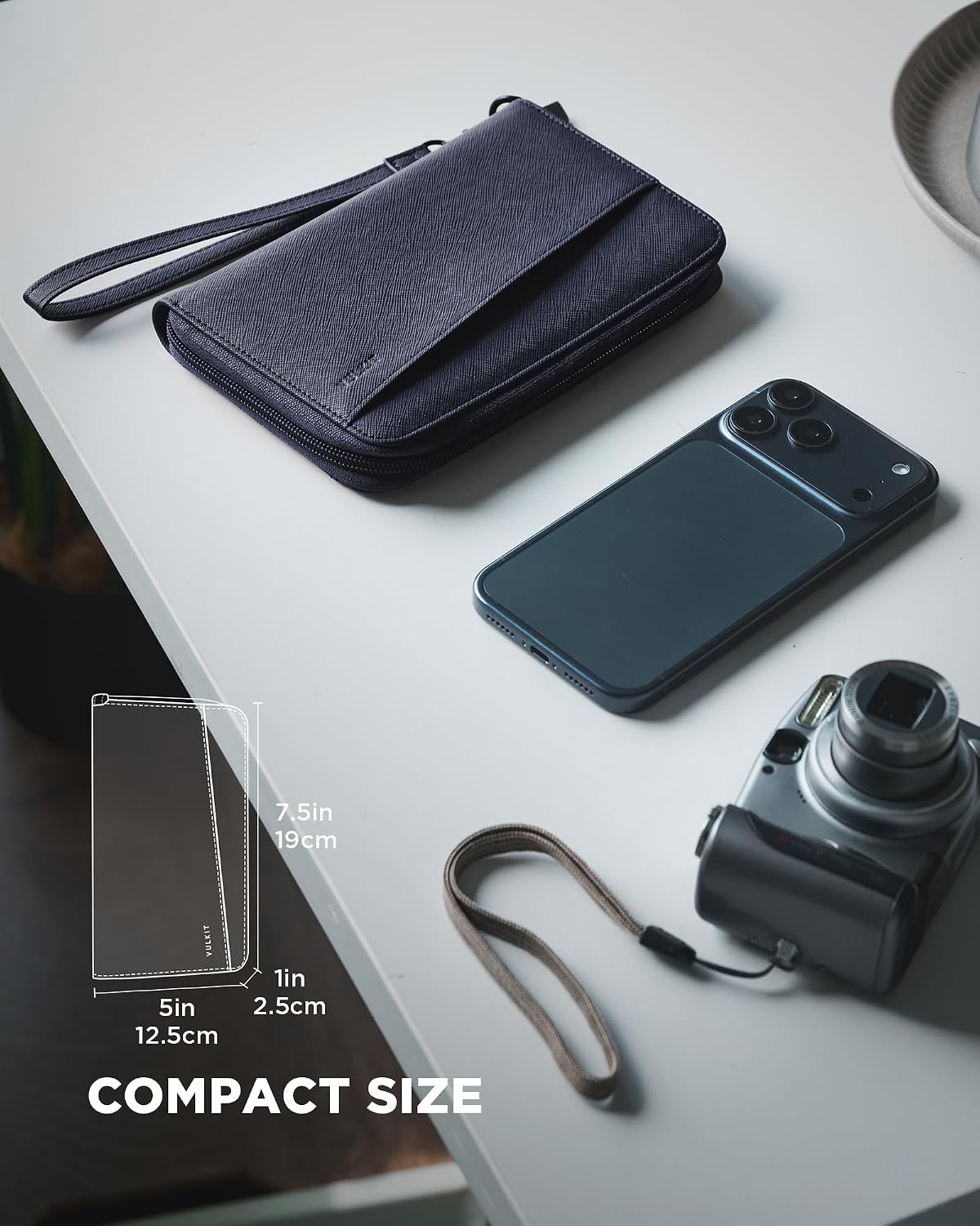 Leather Passport Wallet RFID Blocking with Wrist Strap, Travel Document Organizer - 6 Credit Card Slots, 2 Interior + 2 Exterior Passport Slots, 2 ID Windows, Zipper Closure, Dark Blue