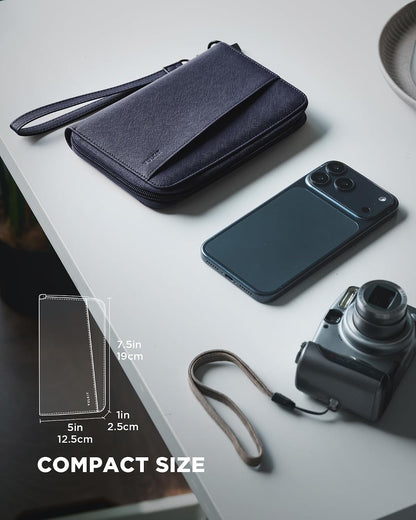 Leather Passport Wallet RFID Blocking with Wrist Strap, Travel Document Organizer - 6 Credit Card Slots, 2 Interior + 2 Exterior Passport Slots, 2 ID Windows, Zipper Closure, Dark Blue
