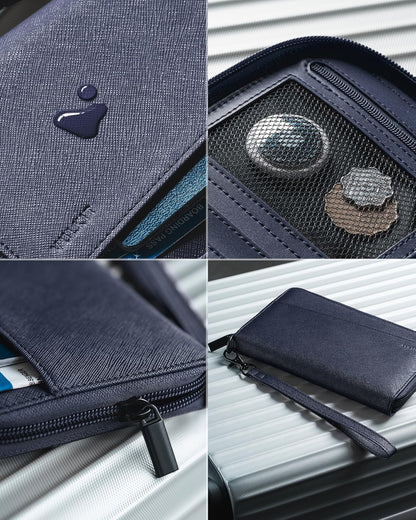 Leather Passport Wallet RFID Blocking with Wrist Strap, Travel Document Organizer - 6 Credit Card Slots, 2 Interior + 2 Exterior Passport Slots, 2 ID Windows, Zipper Closure, Dark Blue