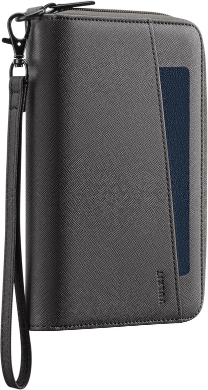 Leather Passport Wallet RFID Blocking with Wrist Strap, Travel Document Organizer - 6 Credit Card Slots, 2 Interior + 2 Exterior Passport Slots, 2 ID Windows, Zipper Closure, Dark Blue