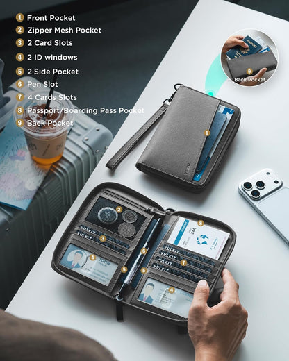 Leather Passport Wallet RFID Blocking with Wrist Strap, Travel Document Organizer - 6 Credit Card Slots, 2 Interior + 2 Exterior Passport Slots, 2 ID Windows, Zipper Closure, Dark Blue