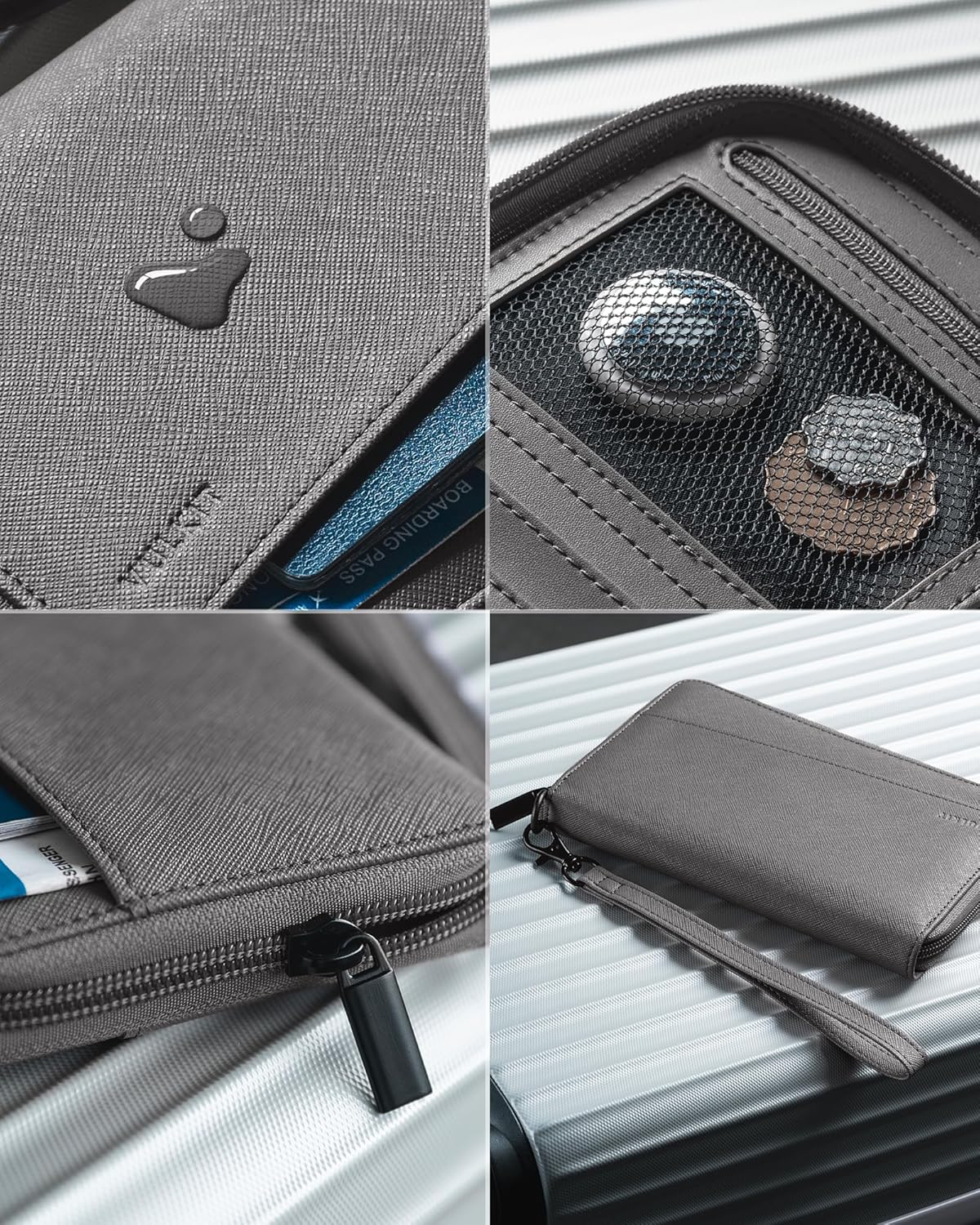 Leather Passport Wallet RFID Blocking with Wrist Strap, Travel Document Organizer - 6 Credit Card Slots, 2 Interior + 2 Exterior Passport Slots, 2 ID Windows, Zipper Closure, Dark Blue