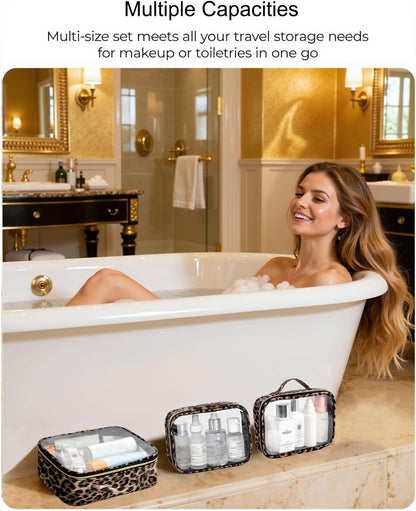 3 Pack Clear Toiletry Bag for Women, TSA Approved Organizer for Travel Size Toiletries Carry on Travel Accessories Bag Airport Airline Compliant Bag Makeup Bag Zipper Pouch Set
