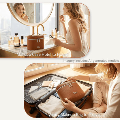 Makeup Bag Vanity Case: Vegan Leather Cosmetic Bag for Women - Waterproof Travel Toiletry Organizer with Removable Divider - Portable Make up Bag with Handle (Brown)