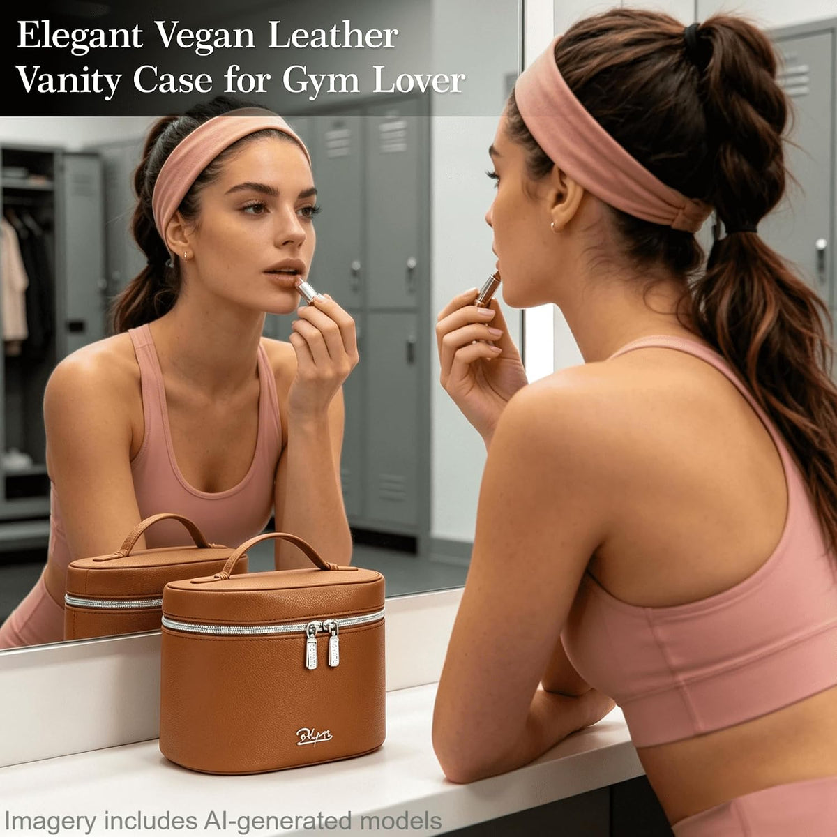 Makeup Bag Vanity Case: Vegan Leather Cosmetic Bag for Women - Waterproof Travel Toiletry Organizer with Removable Divider - Portable Make up Bag with Handle (Brown)