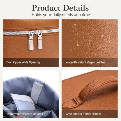 Makeup Bag Vanity Case: Vegan Leather Cosmetic Bag for Women - Waterproof Travel Toiletry Organizer with Removable Divider - Portable Make up Bag with Handle (Brown)