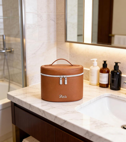 Makeup Bag Vanity Case: Vegan Leather Cosmetic Bag for Women - Waterproof Travel Toiletry Organizer with Removable Divider - Portable Make up Bag with Handle (Brown)