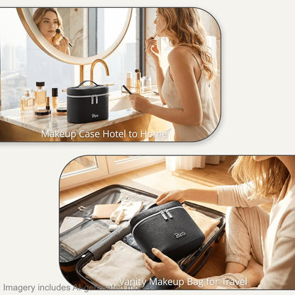 Makeup Bag Vanity Case: Vegan Leather Cosmetic Bag for Women - Waterproof Travel Toiletry Organizer with Removable Divider - Portable Make up Bag with Handle (Brown)