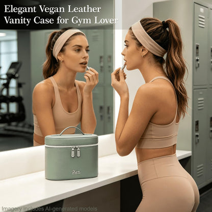 Makeup Bag Vanity Case: Vegan Leather Cosmetic Bag for Women - Waterproof Travel Toiletry Organizer with Removable Divider - Portable Make up Bag with Handle (Brown)