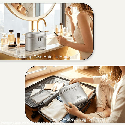 Makeup Bag Vanity Case: Vegan Leather Cosmetic Bag for Women - Waterproof Travel Toiletry Organizer with Removable Divider - Portable Make up Bag with Handle (Brown)