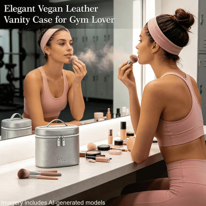 Makeup Bag Vanity Case: Vegan Leather Cosmetic Bag for Women - Waterproof Travel Toiletry Organizer with Removable Divider - Portable Make up Bag with Handle (Brown)