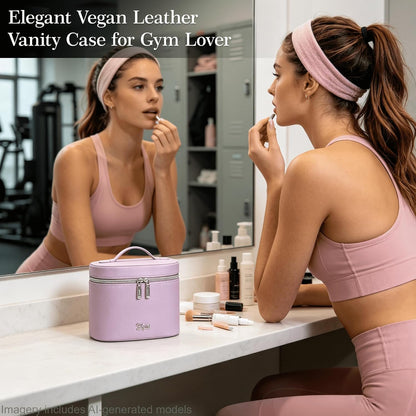Makeup Bag Vanity Case: Vegan Leather Cosmetic Bag for Women - Waterproof Travel Toiletry Organizer with Removable Divider - Portable Make up Bag with Handle (Brown)