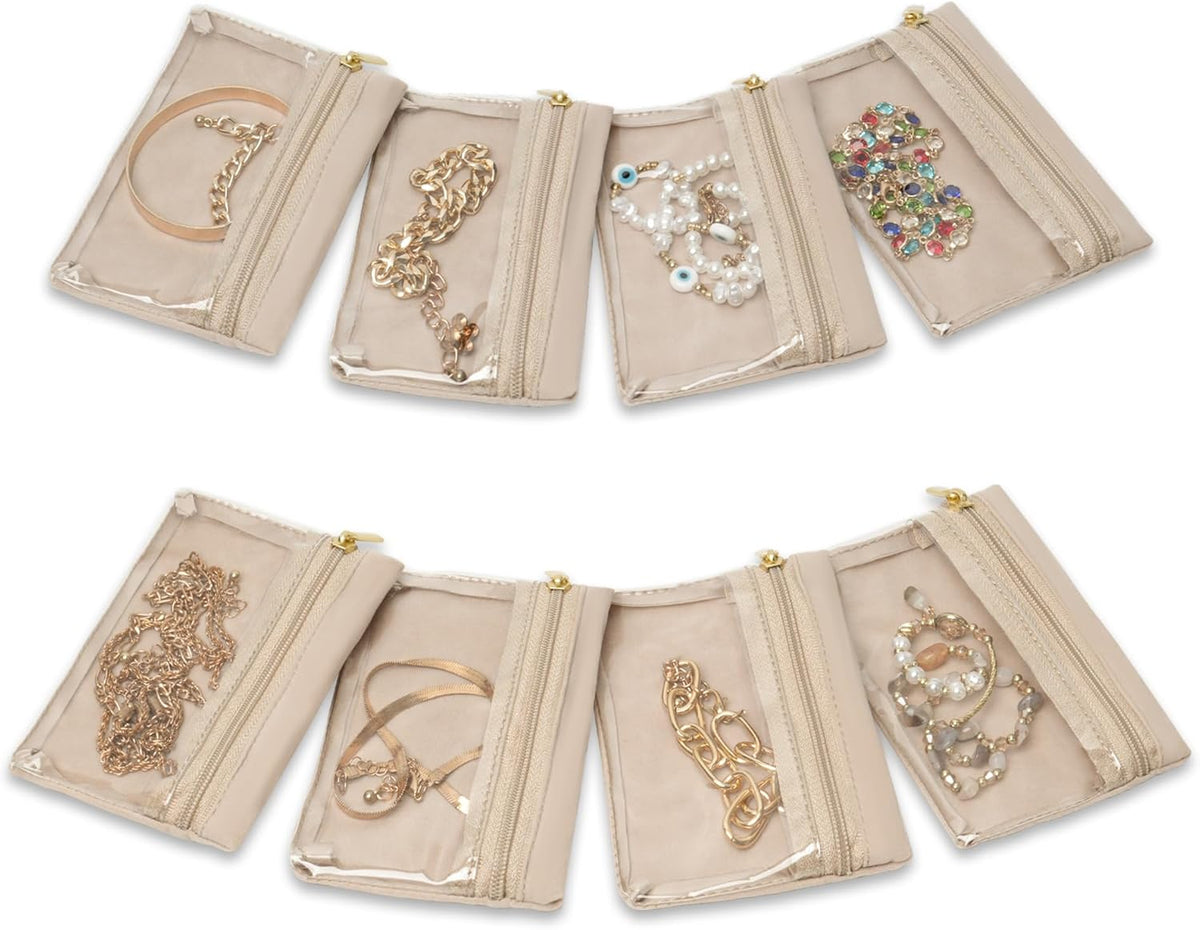 Travel Jewelry Case Organizer Jewelry Box with Velvet Pouches Mini Jewelry Organizers Storage for Women Small Cute Puffer Bags for Earrings,Rings,Necklaces,Bracelets (Beige, Large)