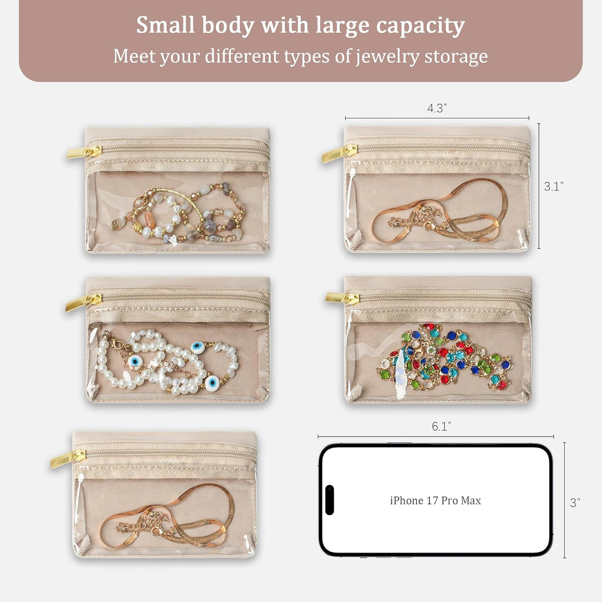 Travel Jewelry Case Organizer Jewelry Box with Velvet Pouches Mini Jewelry Organizers Storage for Women Small Cute Puffer Bags for Earrings,Rings,Necklaces,Bracelets (Beige, Large)