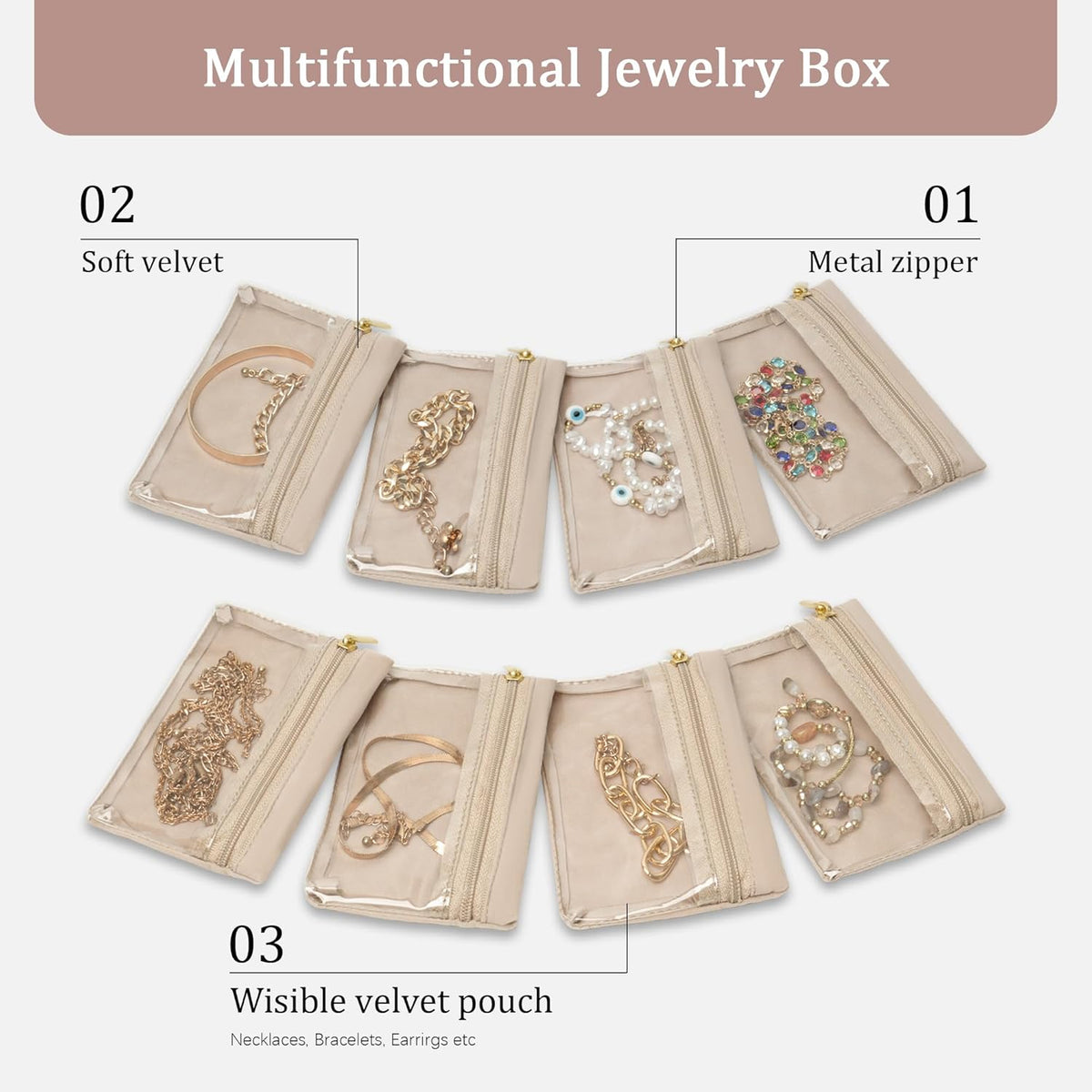 Travel Jewelry Case Organizer Jewelry Box with Velvet Pouches Mini Jewelry Organizers Storage for Women Small Cute Puffer Bags for Earrings,Rings,Necklaces,Bracelets (Beige, Large)