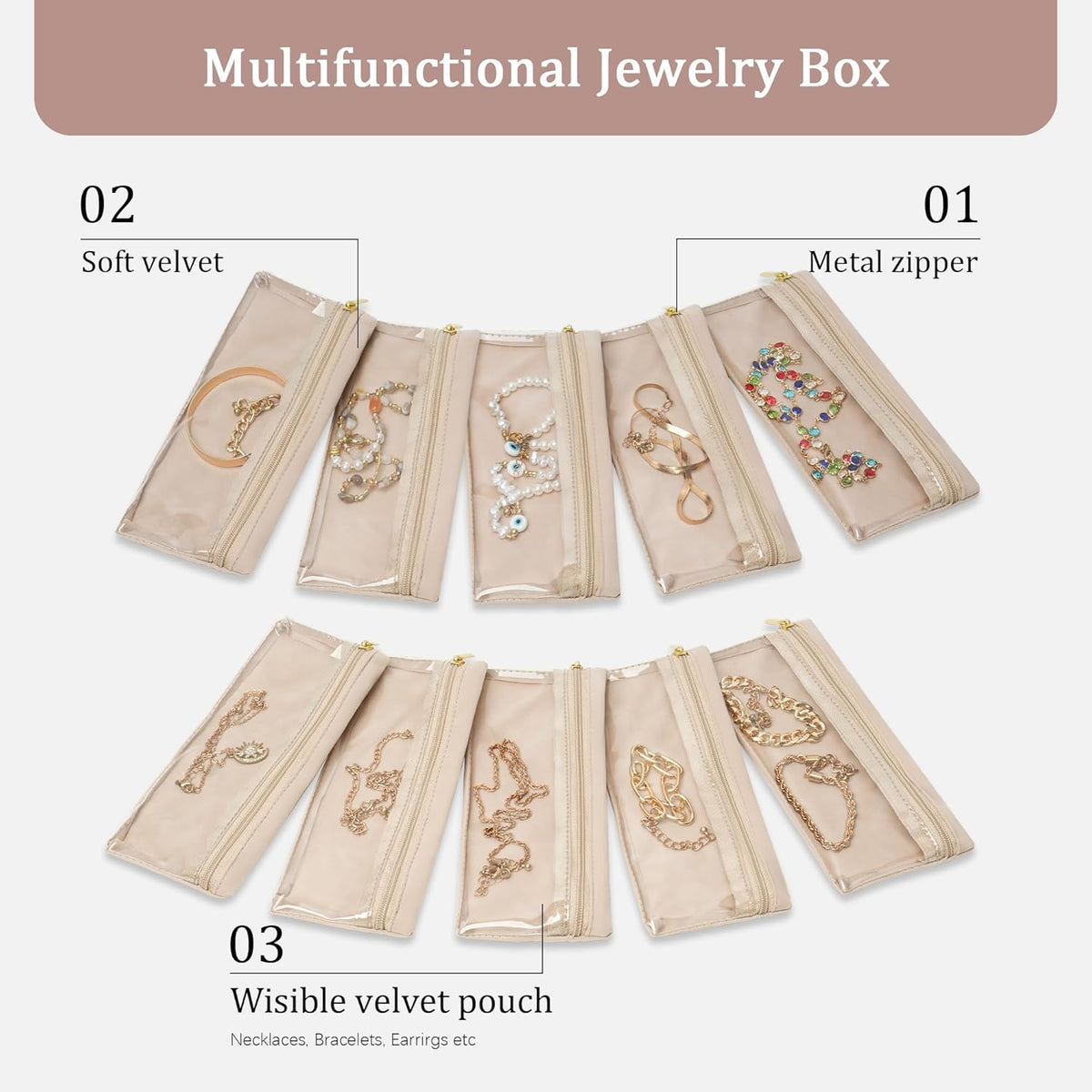 Travel Jewelry Case Organizer Jewelry Box with Velvet Pouches Mini Jewelry Organizers Storage for Women Small Cute Puffer Bags for Earrings,Rings,Necklaces,Bracelets (Beige, Large)