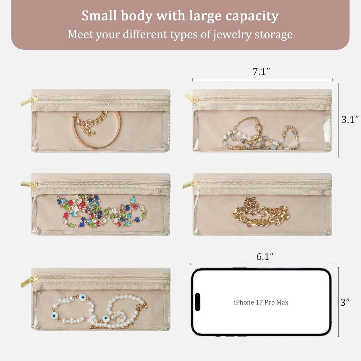 Travel Jewelry Case Organizer Jewelry Box with Velvet Pouches Mini Jewelry Organizers Storage for Women Small Cute Puffer Bags for Earrings,Rings,Necklaces,Bracelets (Beige, Large)