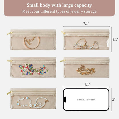 Travel Jewelry Case Organizer Jewelry Box with Velvet Pouches Mini Jewelry Organizers Storage for Women Small Cute Puffer Bags for Earrings,Rings,Necklaces,Bracelets (Beige, Large)
