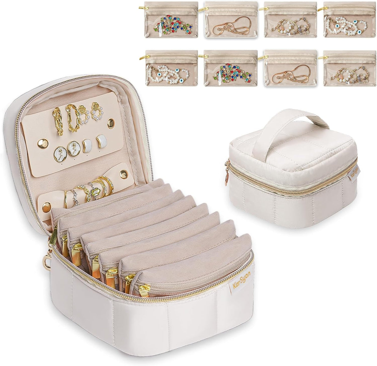 Travel Jewelry Case Organizer Jewelry Box with Velvet Pouches Mini Jewelry Organizers Storage for Women Small Cute Puffer Bags for Earrings,Rings,Necklaces,Bracelets (Beige, Large)