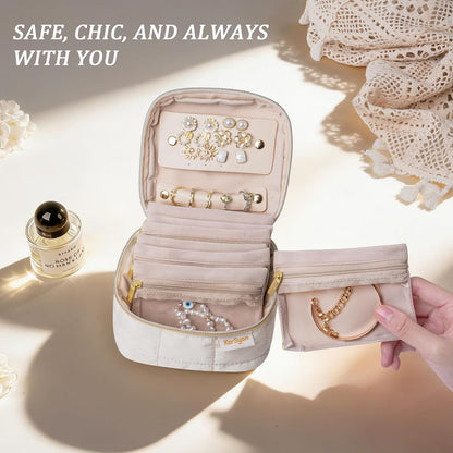 Travel Jewelry Case Organizer Jewelry Box with Velvet Pouches Mini Jewelry Organizers Storage for Women Small Cute Puffer Bags for Earrings,Rings,Necklaces,Bracelets (Beige, Large)