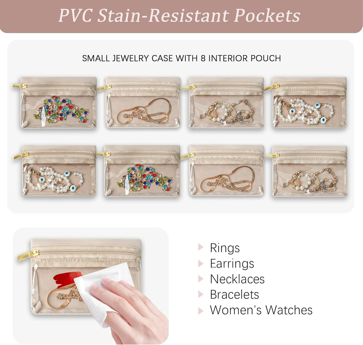 Travel Jewelry Case Organizer Jewelry Box with Velvet Pouches Mini Jewelry Organizers Storage for Women Small Cute Puffer Bags for Earrings,Rings,Necklaces,Bracelets (Beige, Large)