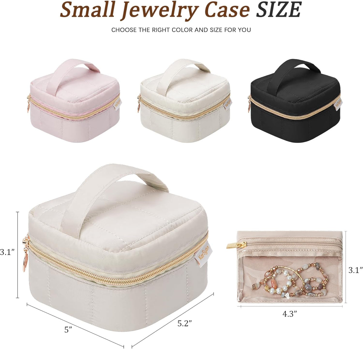 Travel Jewelry Case Organizer Jewelry Box with Velvet Pouches Mini Jewelry Organizers Storage for Women Small Cute Puffer Bags for Earrings,Rings,Necklaces,Bracelets (Beige, Large)